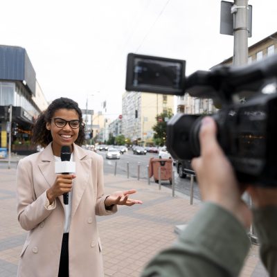 front-view-female-journalist-taking-interview Bachelor of Journalism and Mass Communication (BJMC)